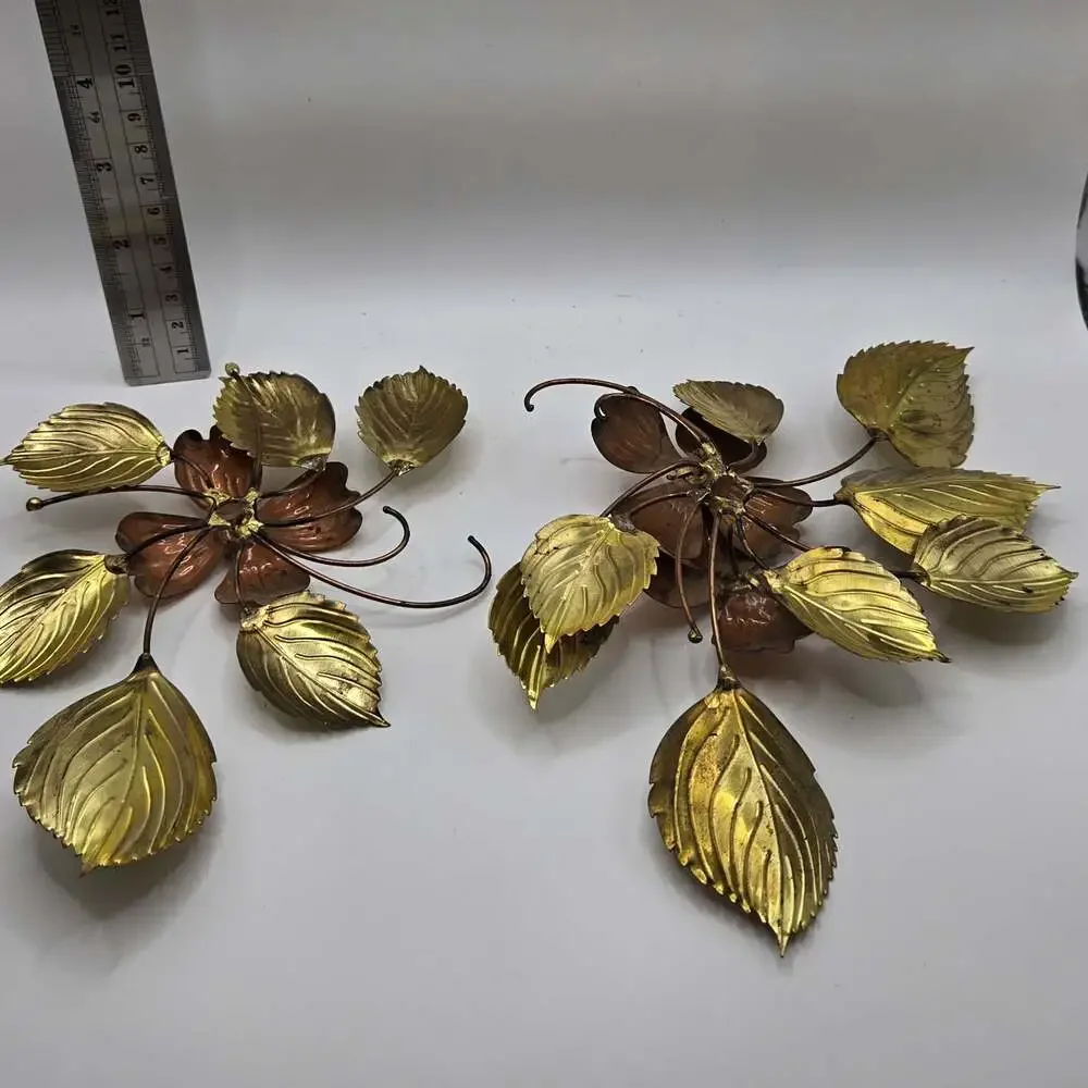 Vintage Mid-Century Modern Mixed Metal Brass and Copper Floral Wall Art Set